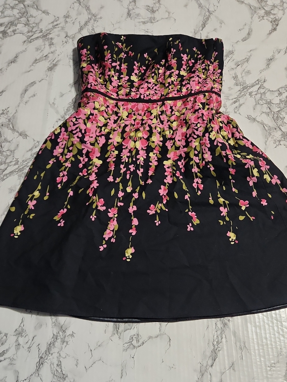 LOFT Strapless Black Dress with Pink Floral Print